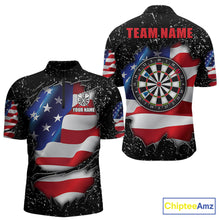 Load image into Gallery viewer, Black grunge American flag quarter zip darts shirt for men, custom darts team jersey and tournament apparel.
