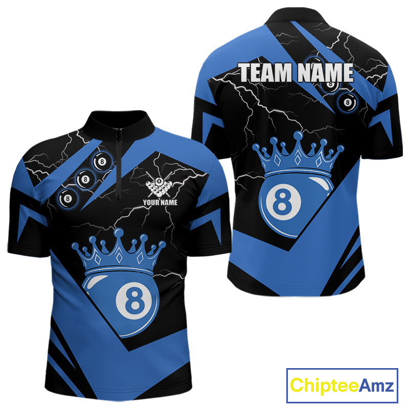 Black And Blue 8 Ball Crown Lightning Men's Billiard Shirt Custom Pool Team Jersey Polo & 1/4 Zip TDM5311