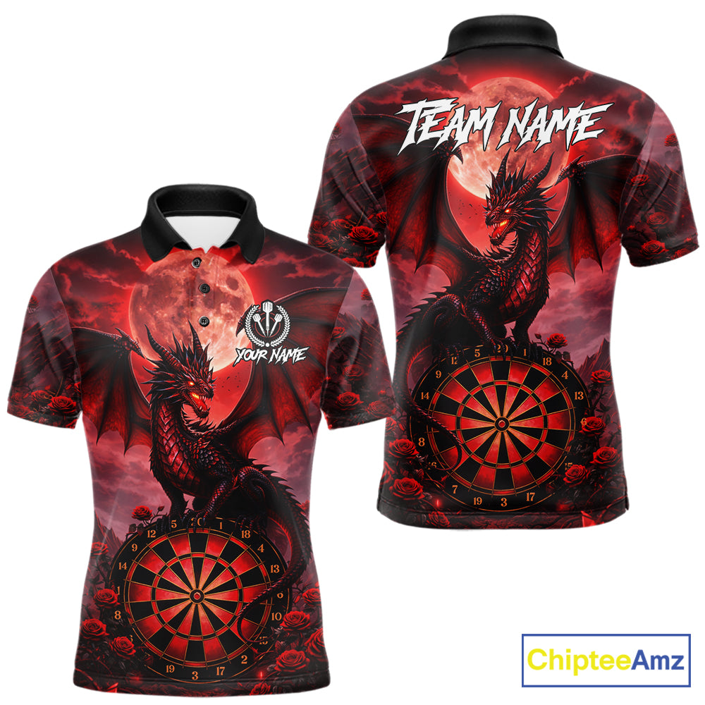 Black And Red Dartboard Roses And Dragon Darts Polo & 1/4 Zip Custom Men's Darts Team Jersey TDM5802