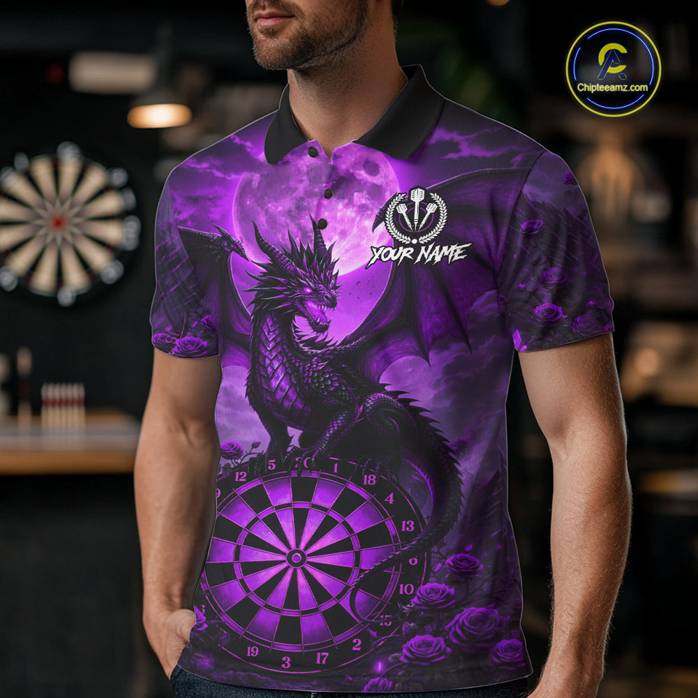 Black And Purple Dartboard Roses And Dragon Darts Polo & 1/4 Zip Custom Men's Darts Team Jersey TDM5803