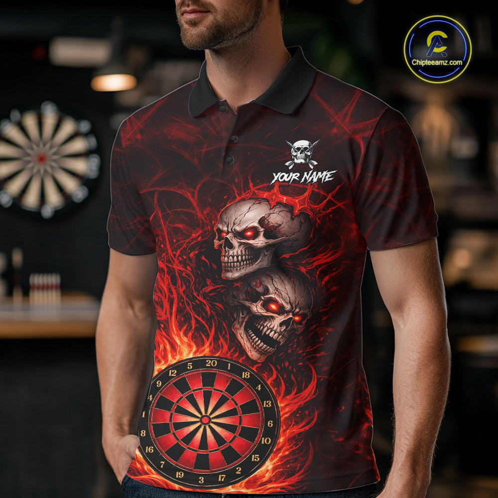 Personalized Red Flaming Skull Darts Polo & 1/4 Zip For Men Custom Fire Darts Team Jersey TDM5806