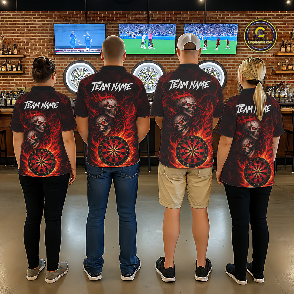 Personalized Red Flaming Skull Darts Polo & 1/4 Zip For Men Custom Fire Darts Team Jersey TDM5806