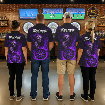 Personalized Purple Flaming Skull Darts Polo & 1/4 Zip For Men Custom Fire Darts Team Jersey TDM5807