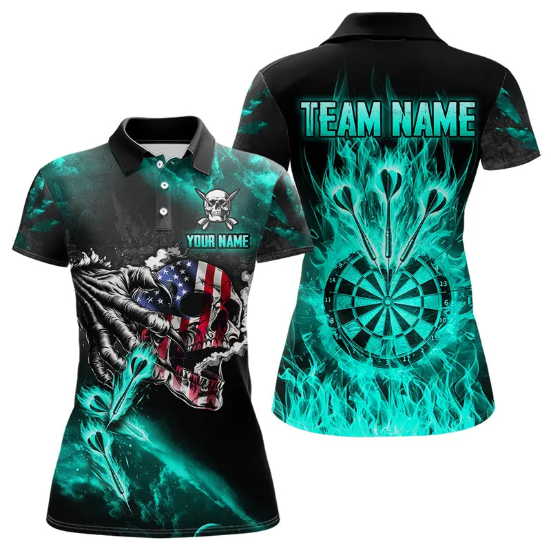 Fire Flame Darts Board American Flag Skull Dart Shirts For Women Custom Darts Team Jerseys |Turquoise TDM3648