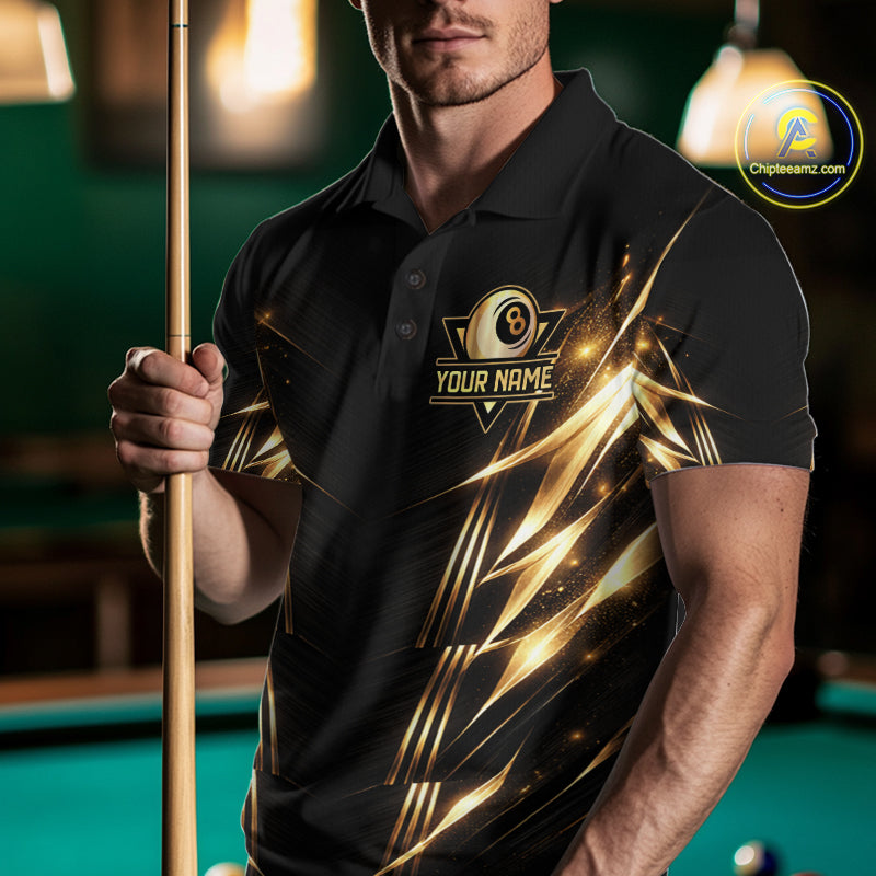 Black And Gold Lightning 8 Ball Pool Billiard Shirts For Men Custom Billiard Team League Jerseys NYN2920