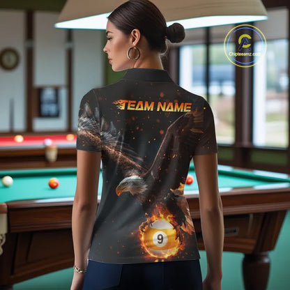 Personalized Fire 9 Ball Eagle Billiard Shirt For Women Custom Pool Team Jersey Polo & 1/4 Zip TDM6408