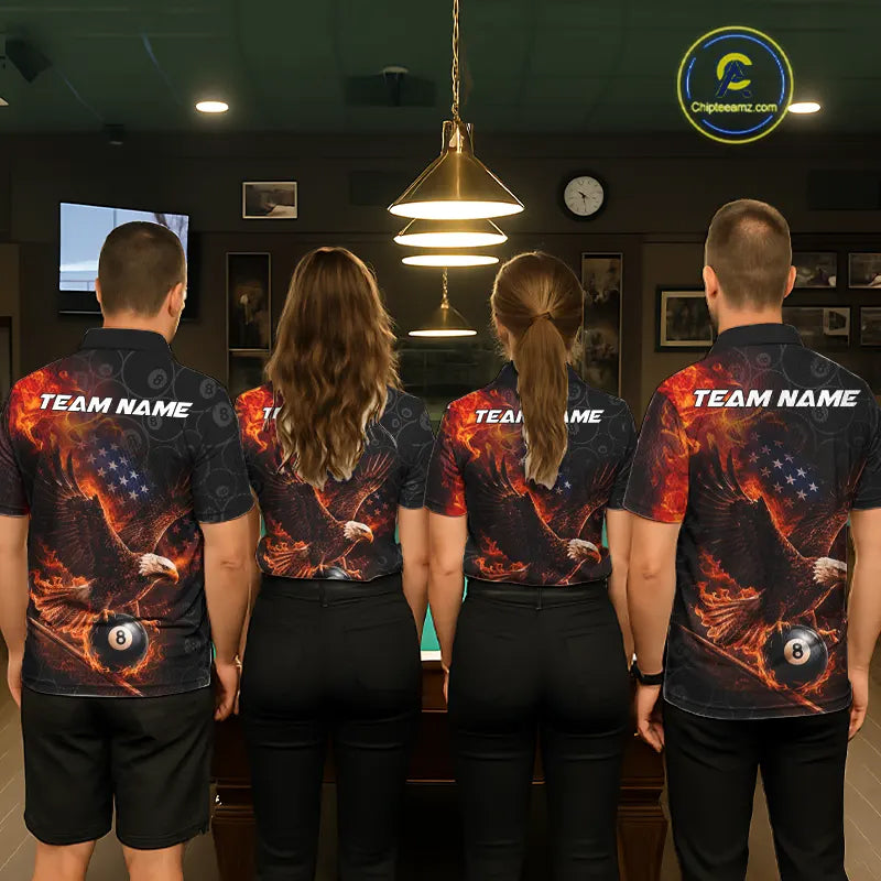 Flaming US Flag Eagle 8 Ball Billiard Shirt For Women Custom Patriotic Pool Jersey Polo & 1/4 Zip TDM6411