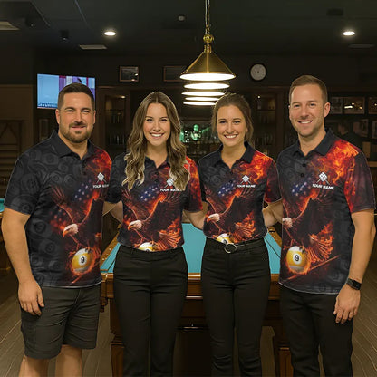 Flaming US Flag Eagle 9 Ball Billiard Shirt For Men Custom Patriotic Pool Jersey Polo & 1/4 Zip TDM6412