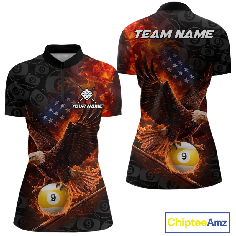 Flaming US Flag Eagle 9 Ball Billiard Shirt For Women Custom Patriotic Pool Jersey Polo & 1/4 Zip TDM6412