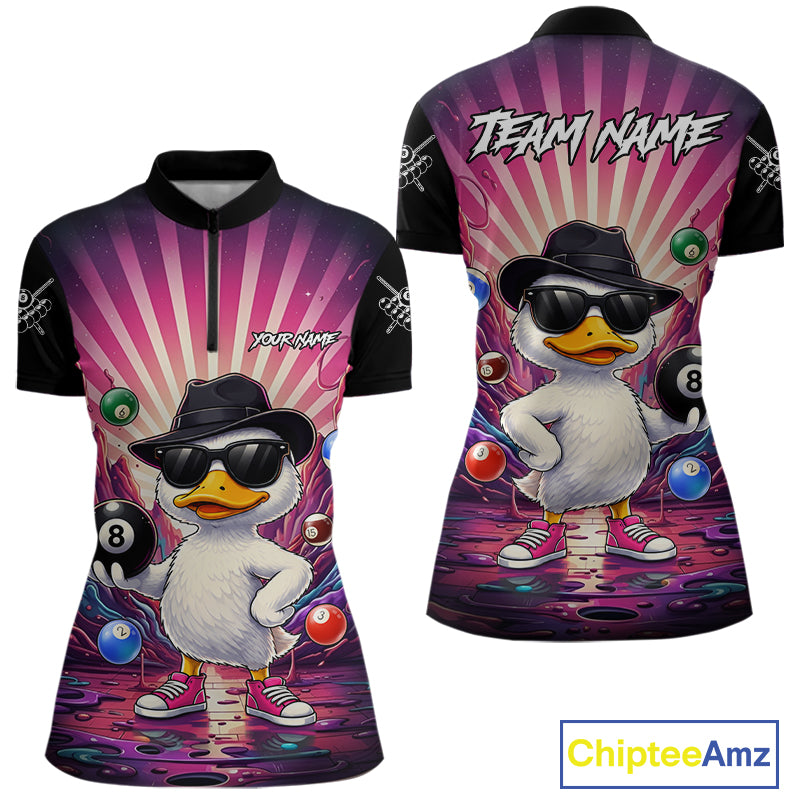 Billiard quarter zip shirt with a cartoon duck holding a pool ball on a colorful background