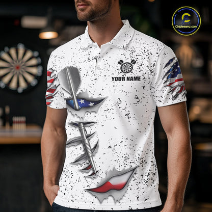 Man wearing a personalized American flag steel tip dart darts jersey front view, patriotic darts team shirt.