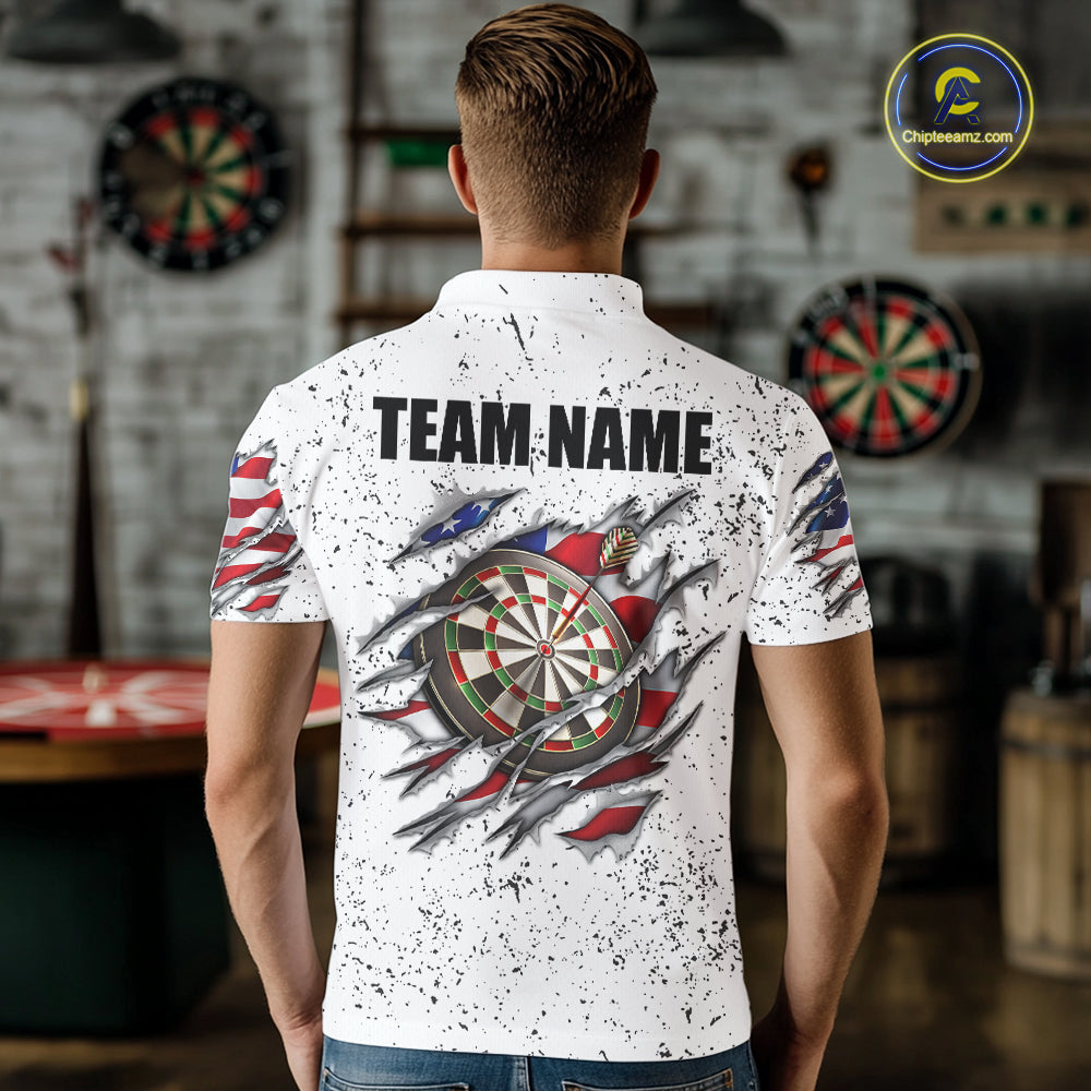 Back view of man wearing a personalized American flag steel tip dart darts team jersey, custom darts tournament apparel.