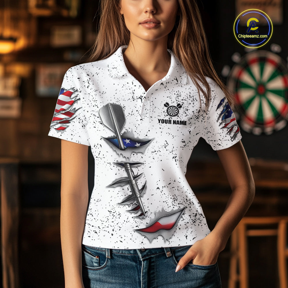 Woman wearing a personalized American flag steel tip dart darts jersey front view, patriotic darts team shirt.