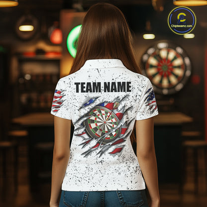 Back view of woman wearing a personalized American flag steel tip dart darts team jersey, custom darts tournament apparel.