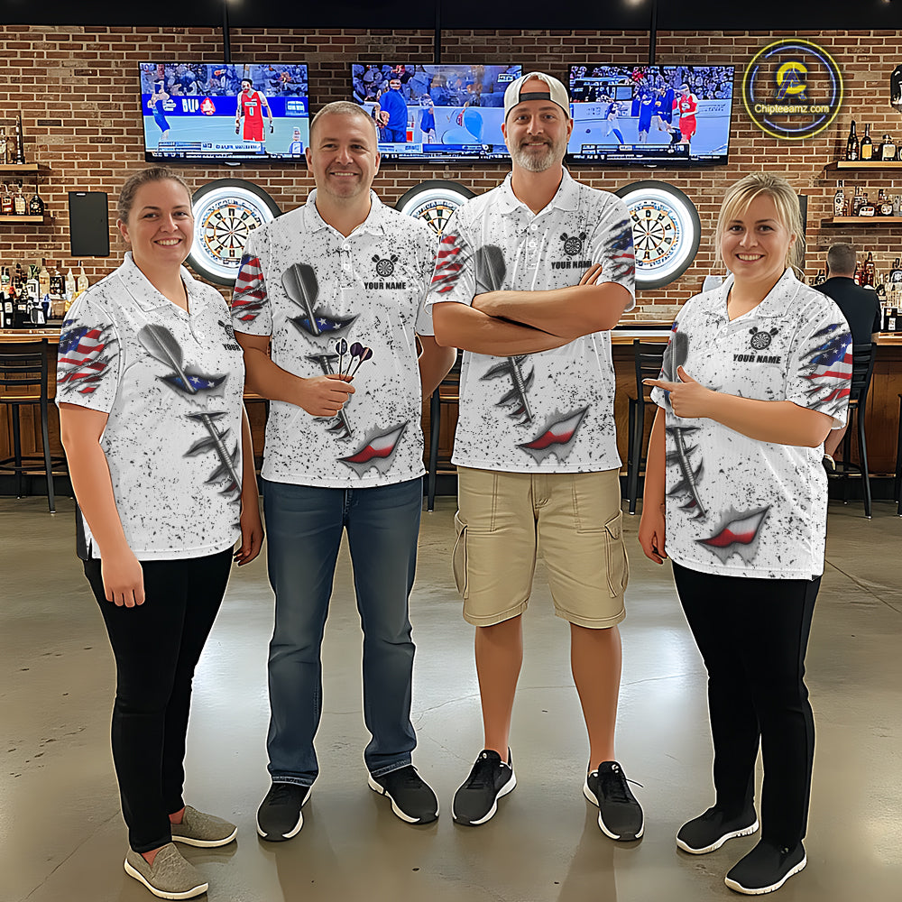 Darts team wearing matching American flag steel tip dart custom darts jerseys front view.