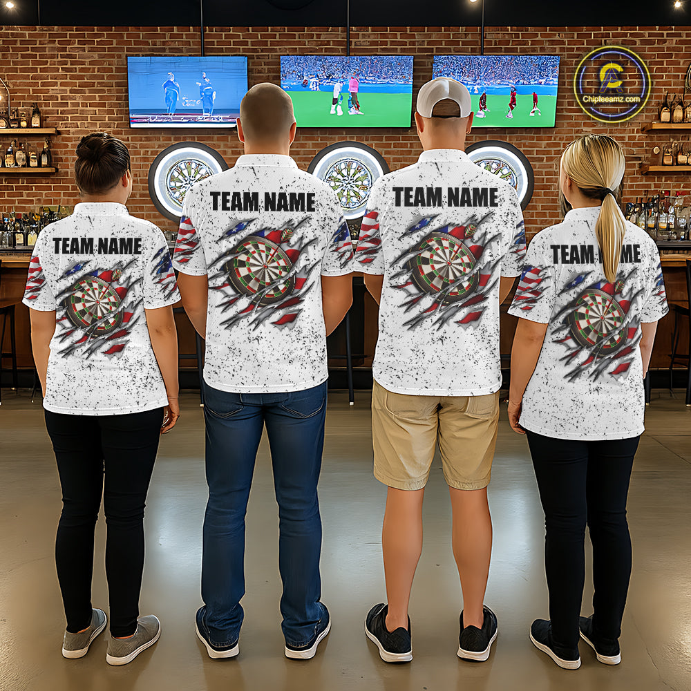 Back view of darts team wearing matching American flag steel tip dart darts shirts.