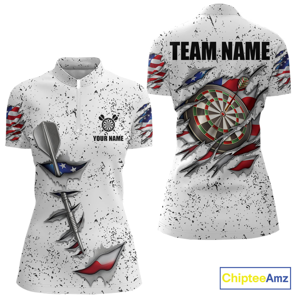 American flag steel tip dart quarter zip darts shirt for women, custom darts league jersey and tournament apparel.