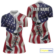 Load image into Gallery viewer, American flag steel tip dart quarter zip darts shirt for women, custom darts league jersey and tournament apparel.