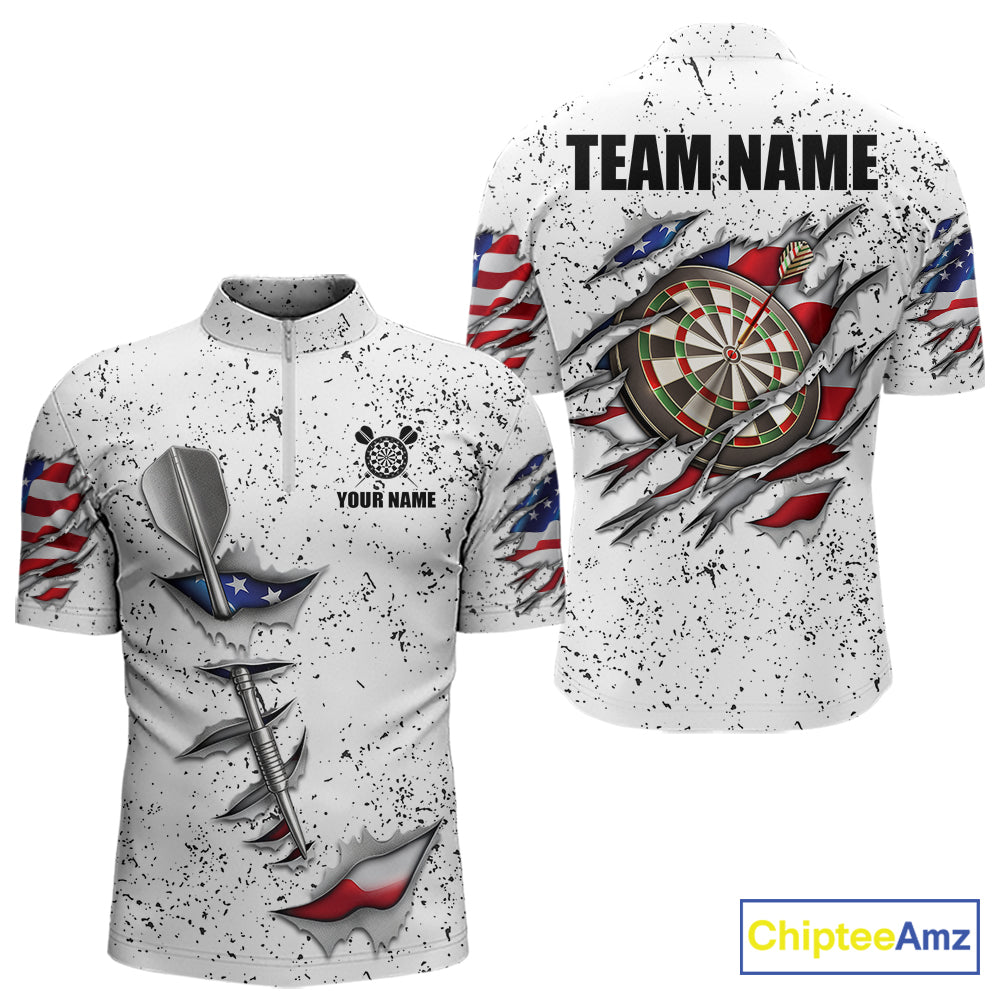 American flag steel tip dart quarter zip darts shirt for men, custom darts league jersey and tournament apparel.