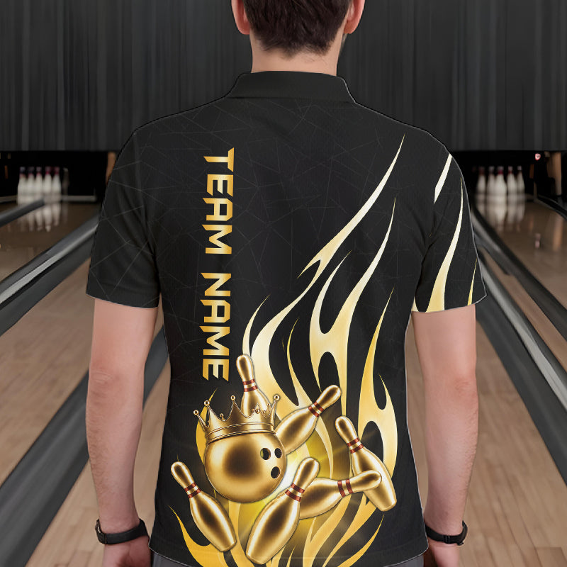 Back view of man wearing a black and gold bowling ball crown bowling polo shirt, custom bowling team jersey design.