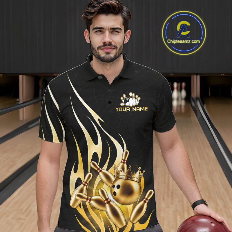Man wearing a black and gold bowling ball crown bowling polo shirt front view, custom bowling league jersey for men.