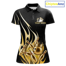 Load image into Gallery viewer, Black and gold bowling ball crown custom bowling polo shirt for women.