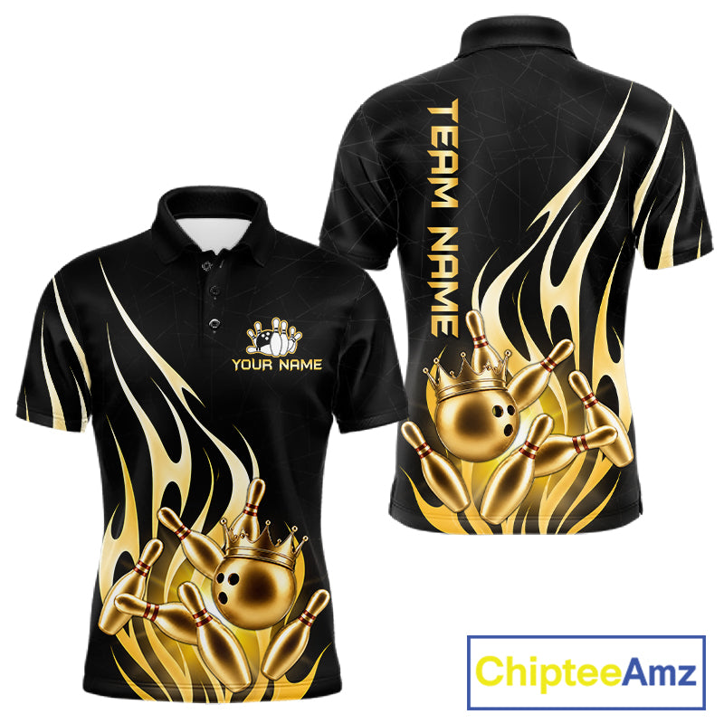 Black and gold bowling ball crown bowling team polo shirt for men with flame bowling graphics.
