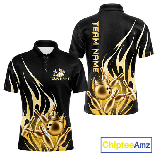 Black and gold bowling ball crown bowling team polo shirt for men with flame bowling graphics.