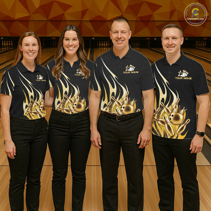 Bowling team wearing matching black and gold bowling ball crown custom bowling jerseys front view.