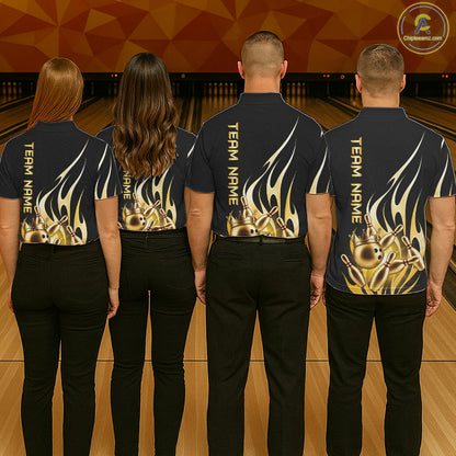 Back view of bowling team wearing matching black and gold bowling ball crown bowling league jerseys
