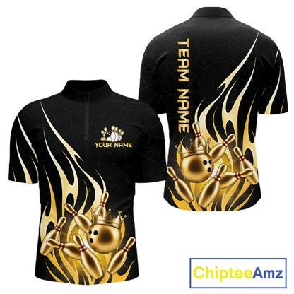 Black and gold bowling ball crown quarter zip bowling shirt for men, custom bowling team jersey and tournament apparel.