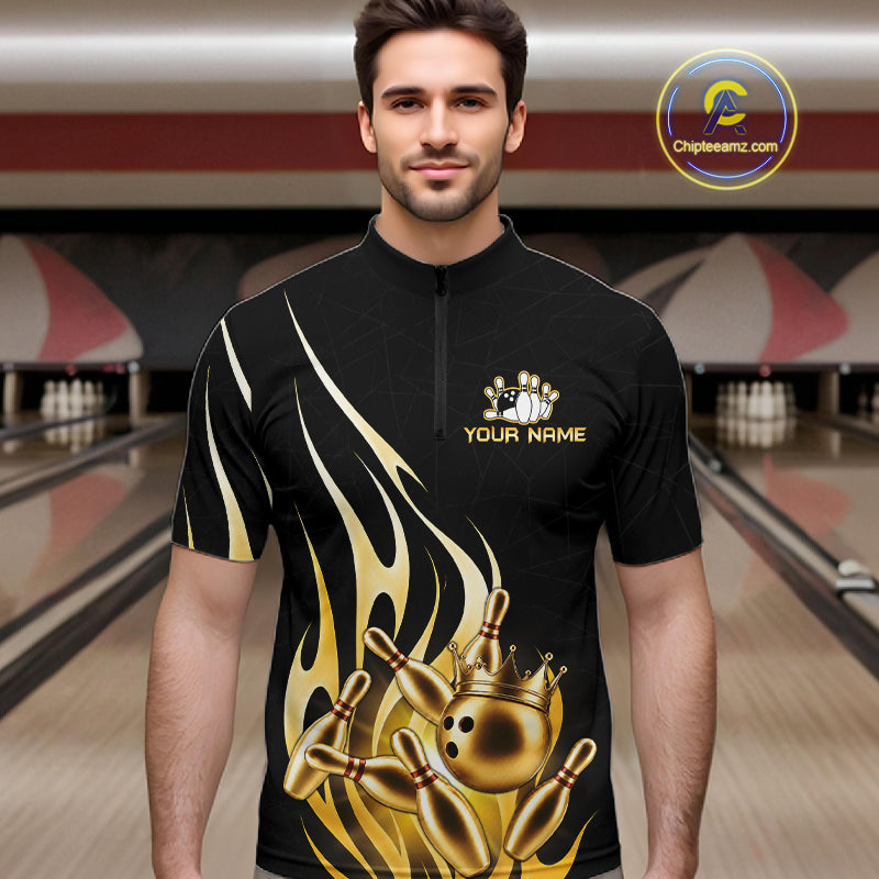 Man wearing a black and gold bowling ball crown quarter zip bowling shirt front view, personalized bowling team apparel.