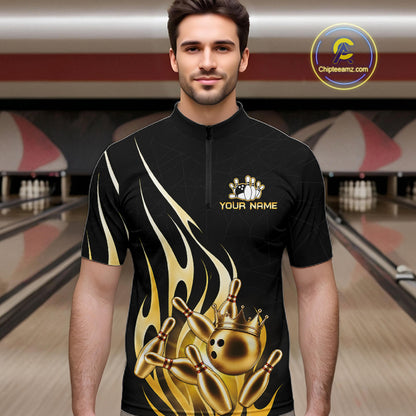 Man wearing a black and gold bowling ball crown quarter zip bowling shirt front view, personalized bowling team apparel.