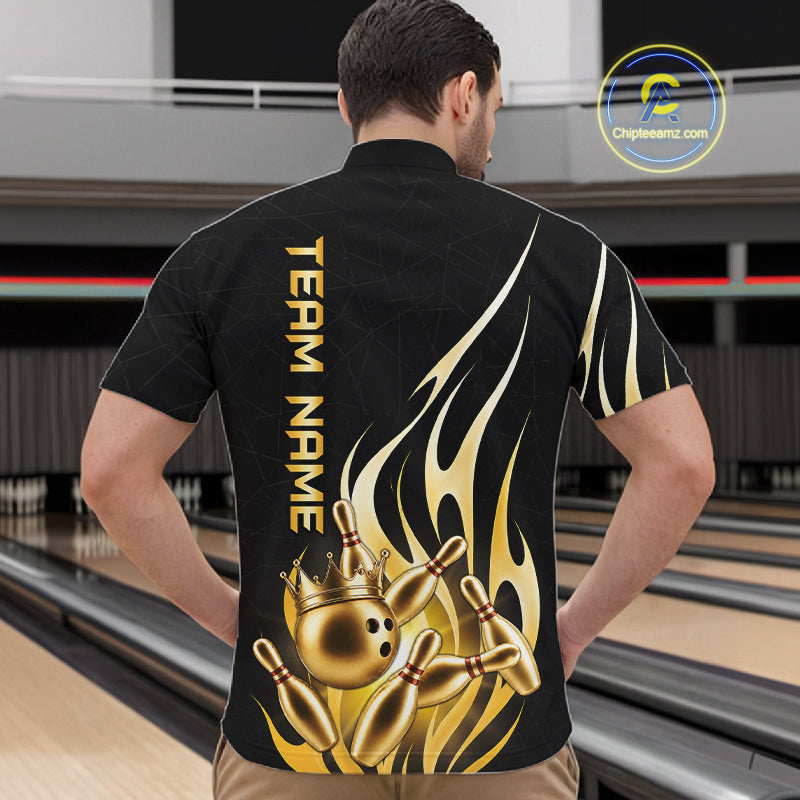 Back view of man wearing a black and gold bowling ball crown quarter zip bowling shirt, bowling league team uniform.