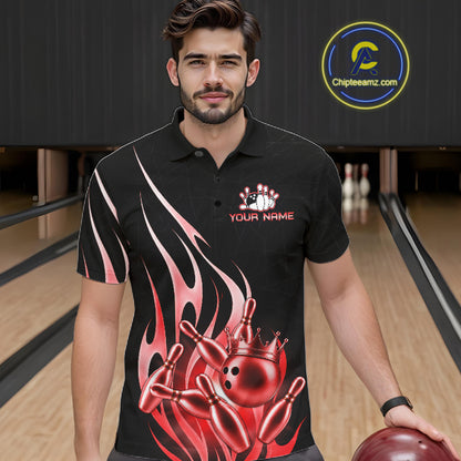 Man wearing a black and red bowling ball crown bowling polo shirt front view, custom bowling league jersey for men.