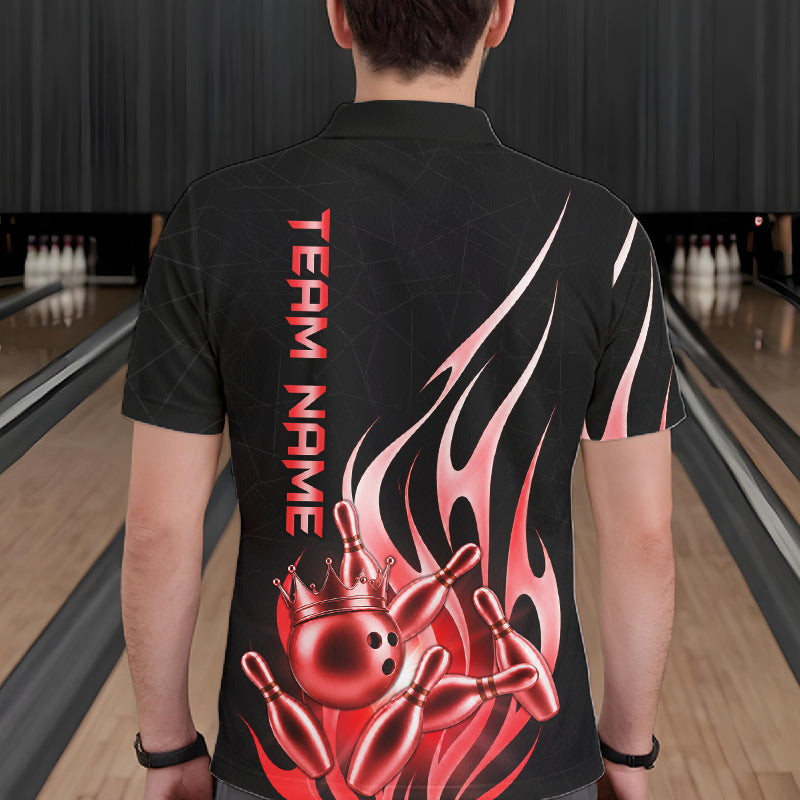 Back view of man wearing a black and red bowling ball crown bowling polo shirt, custom bowling team jersey design.