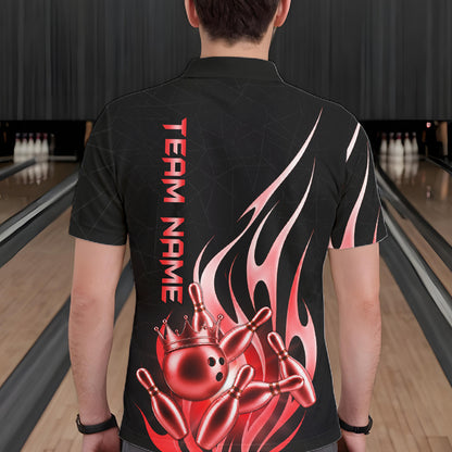 Back view of man wearing a black and red bowling ball crown bowling polo shirt, custom bowling team jersey design.