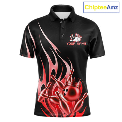 Black and red bowling ball crown custom bowling polo shirt for men, flame bowling team jersey for tournaments.