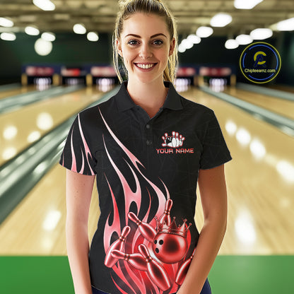 Woman wearing a black and red bowling ball crown bowling polo shirt front view.