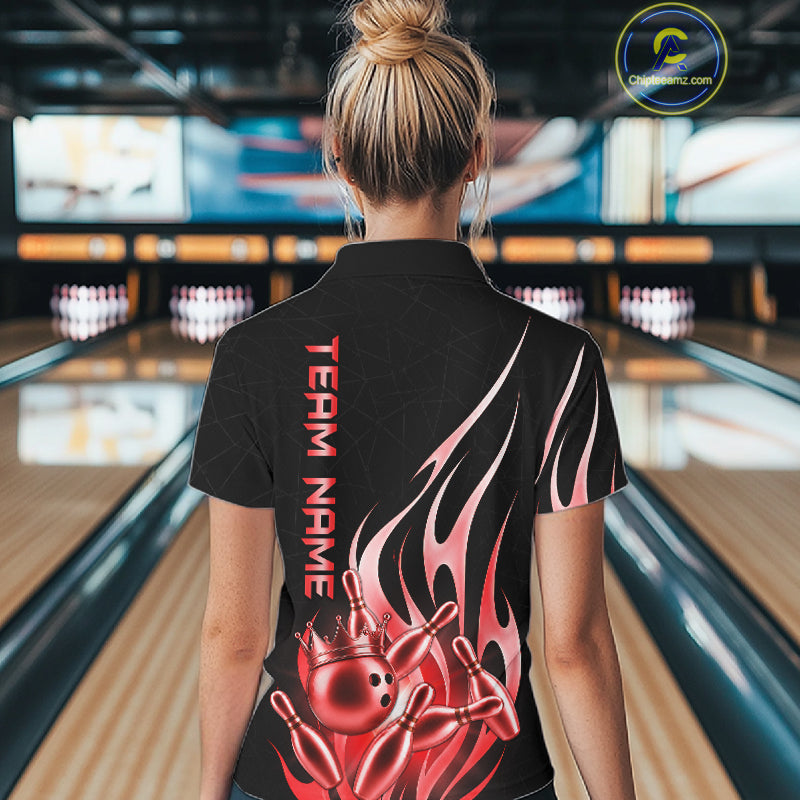 Back view of woman wearing a black and red bowling ball crown bowling polo shirt.