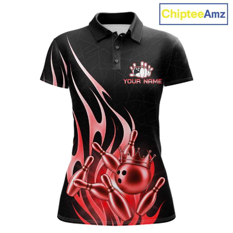 Black and red bowling ball crown custom bowling polo shirt for women.