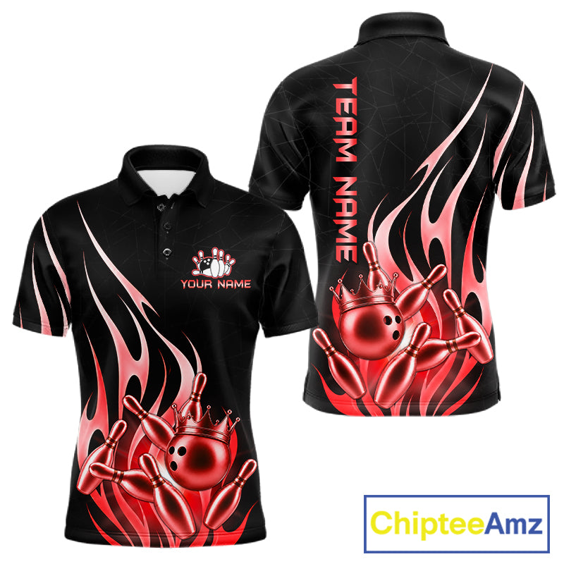 Black and red bowling ball crown bowling team polo shirt for men with flame bowling graphics.