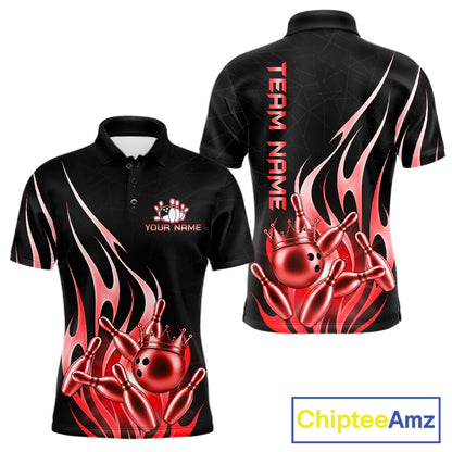 Black and red bowling ball crown bowling team polo shirt for men with flame bowling graphics.