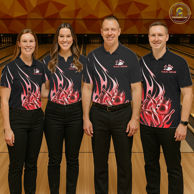 Bowling team wearing matching black and red bowling ball crown custom bowling jerseys front view.
