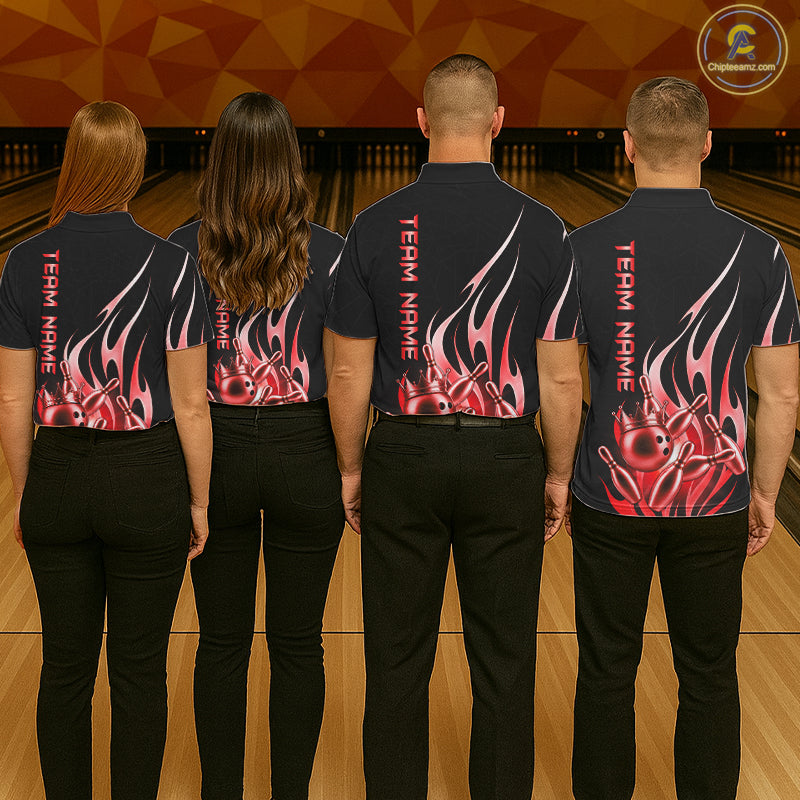 Back view of bowling team wearing matching black and red bowling ball crown bowling league jerseys.