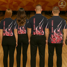 Load image into Gallery viewer, Back view of bowling team wearing matching black and red bowling ball crown bowling league jerseys.