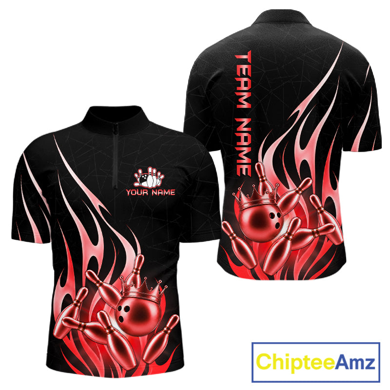 Black and red bowling ball crown quarter zip bowling shirt for men, custom bowling team jersey and tournament apparel.
