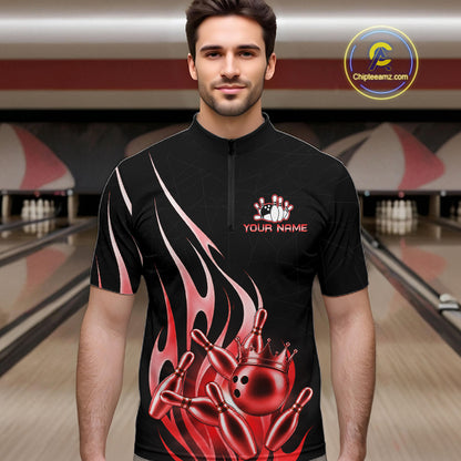 Back view of man wearing a black and red bowling ball crown quarter zip bowling shirt, bowling league team uniform.
