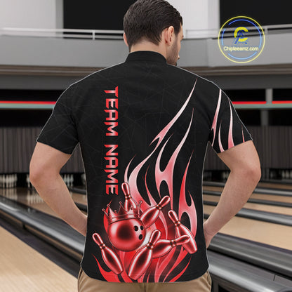 Man wearing a black and red bowling ball crown quarter zip bowling shirt front view, personalized bowling team apparel.