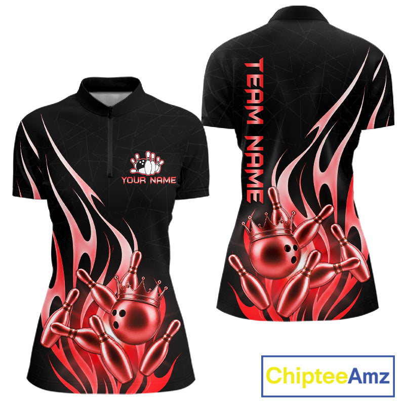 Black and red bowling ball crown quarter zip bowling shirt for women.